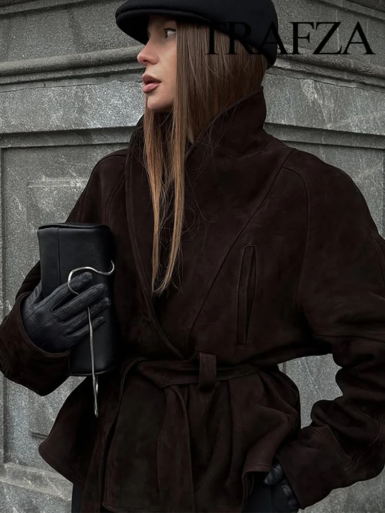 

TRAFZA Women Autumn New Solid Lapel Belted With Pockets Long Sleeves Jacket Female Suede Texture High Street Causal Coats Mujer