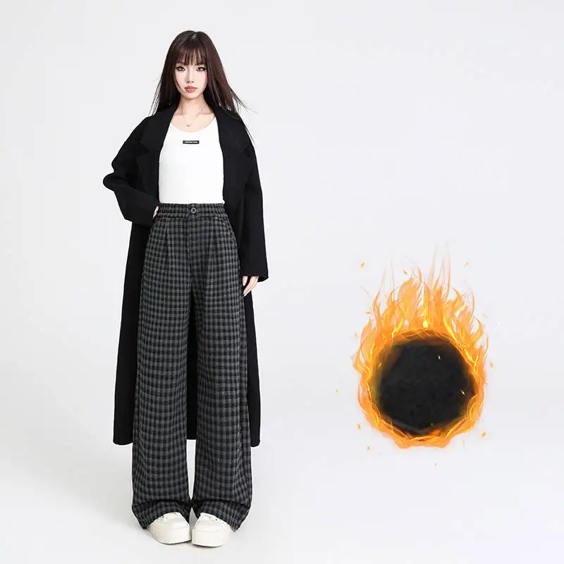 

New autumn and winter plaid warm versatile women's woolen black and gray fleece-lined curved wide-leg pants