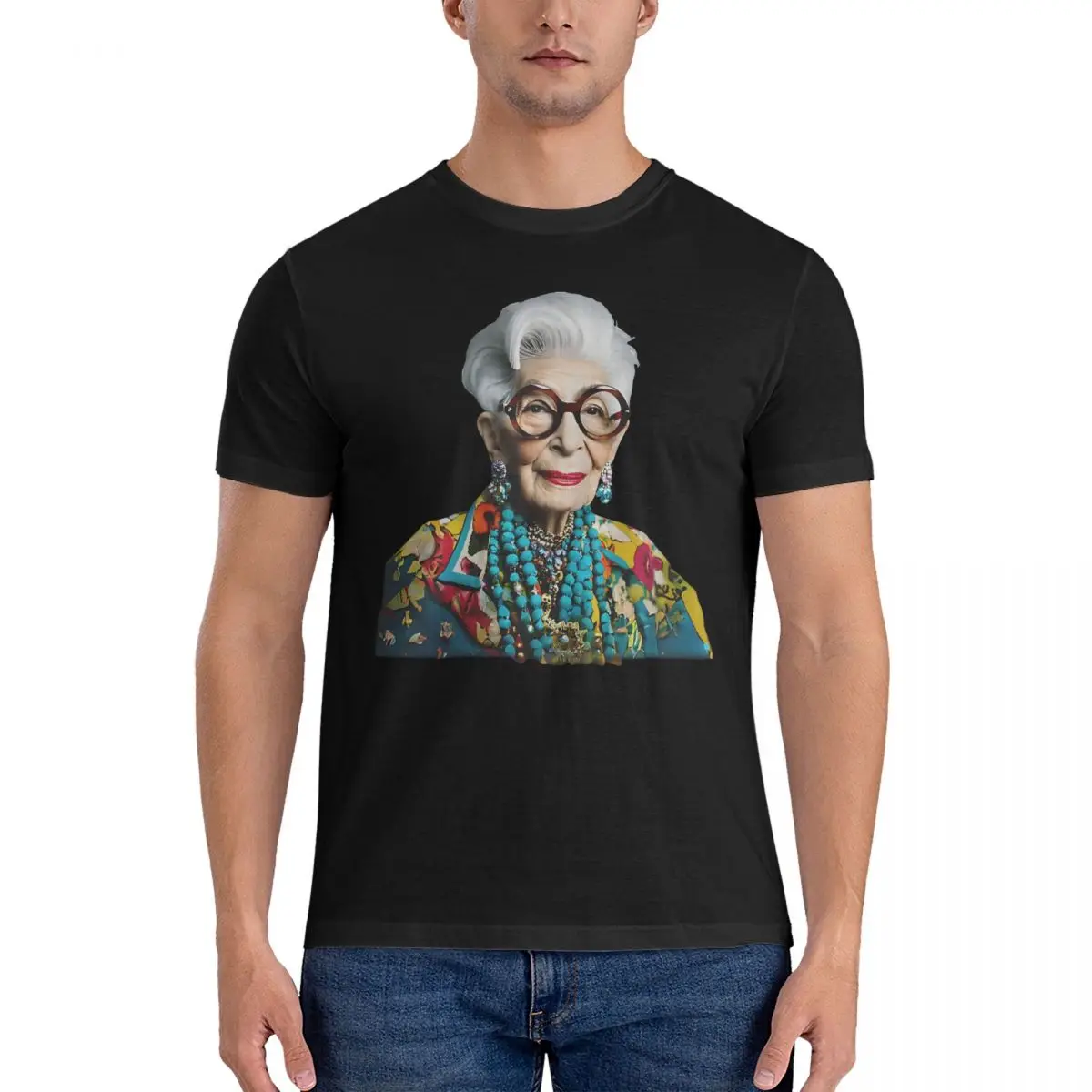 Portrait T-Shirts for Men Iris Apfel Hipster 100% Cotton Tee Shirt Round Collar Short Sleeve T Shirt Gift Idea Clothing