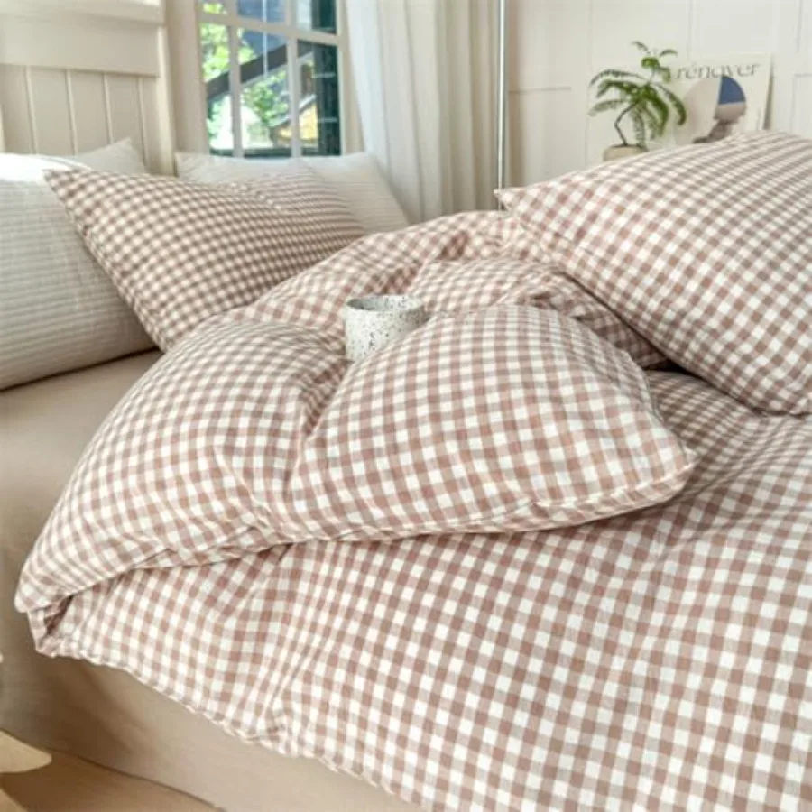 

Комплект пододеяльников из 100% стираного хлопка в клетку, винтажный, 3 предмета, с застежкой-молнией и угловыми завязками, прочный, дышащий
