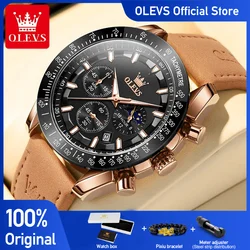 Olevs relógios masculinos popular moda original relógio de quartzo para homem cronógrafo à prova dwaterproof água relógio de pulso de couro luminosa fase da lua