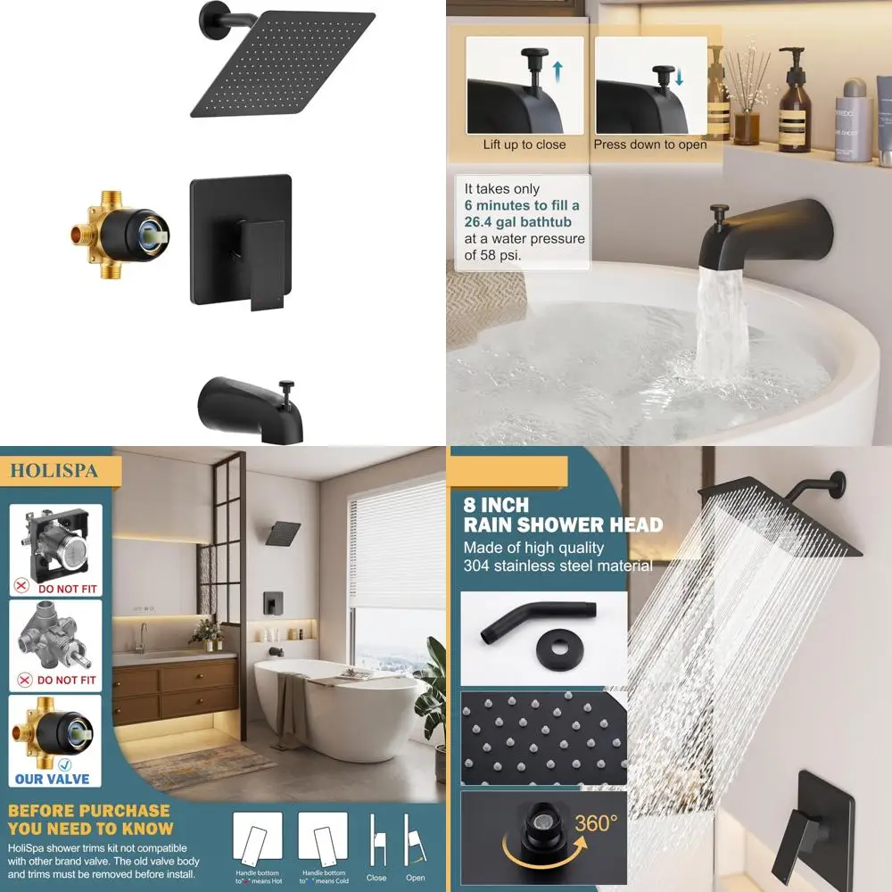 

Shower Faucet Set, Black Tub Shower Faucet with All-Metal 8-Inch Rainfall Showerhead and Bathtub Spout, Single-Handle Tub Shower