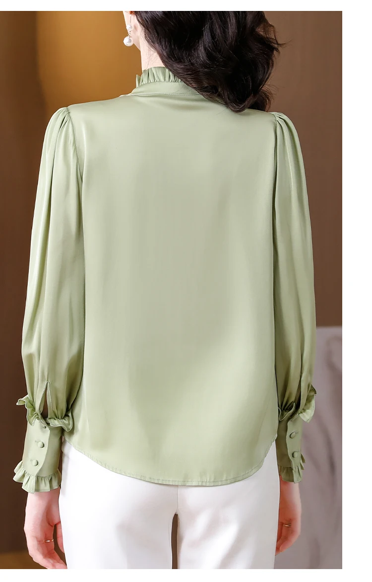 2023 Spring/Summer New Green Silk Long sleeved Shirt with 3D Flower Decoration Wood Ear Edge Top Satin Loose Fit Shirt