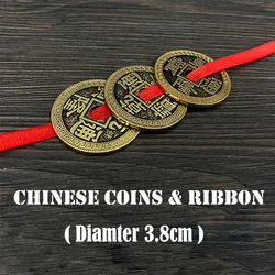 Chinese Coins and Ribbon Magic Tricks Three Coins Penetrate On / Off Ribbon Magia Magiciain Close Up Illusions Gimmick Props Fun