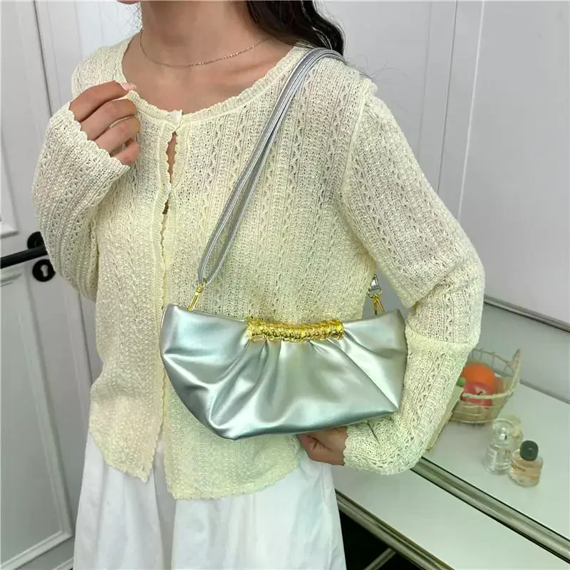 Faux Leather Ruched Crossbody Bag Gold Metal Detail Detachable Strap For Daily Outings Shopping Parties