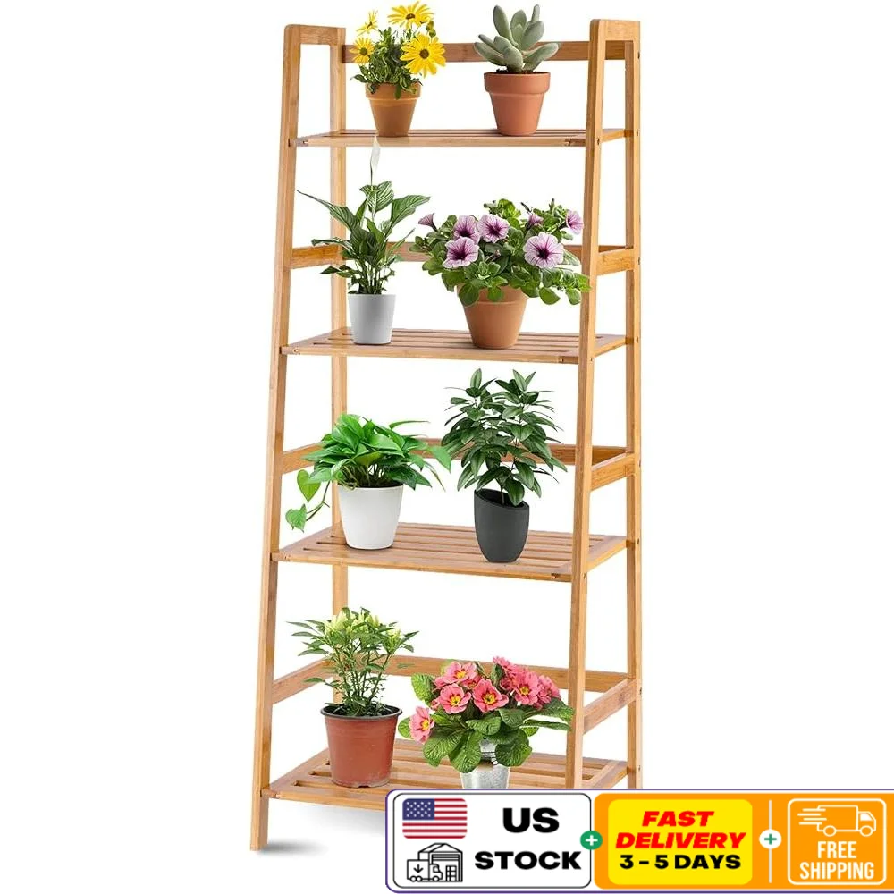

4-Tier Bamboo Plant Stand Ladder Shelf Flower Pot Holder Display Shelf Indoor Outdoor Organizer Rack Balcony Patio Garden
