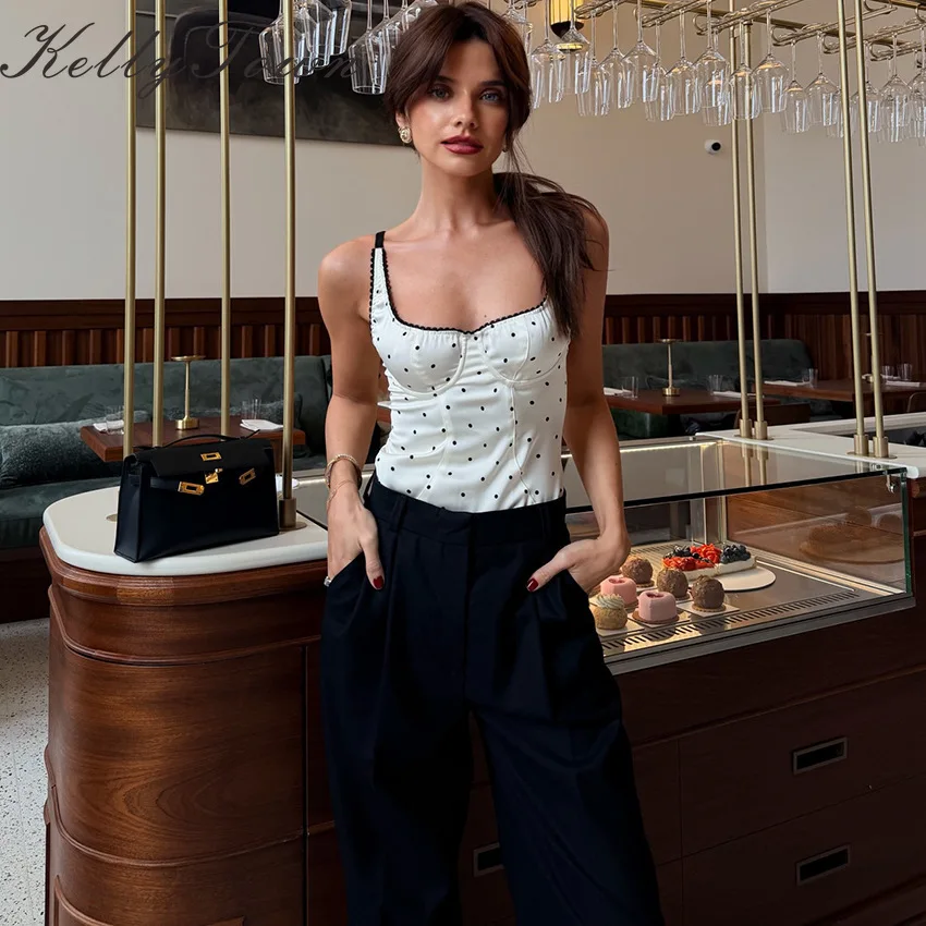 Gepunktetes Tanktop Sexy Rückenfreies Satin-Top mit Spaghettiträgern Spitzen-Camisole Street-Chic Ärmellose Weste Damen 2026 Sommerkleidung