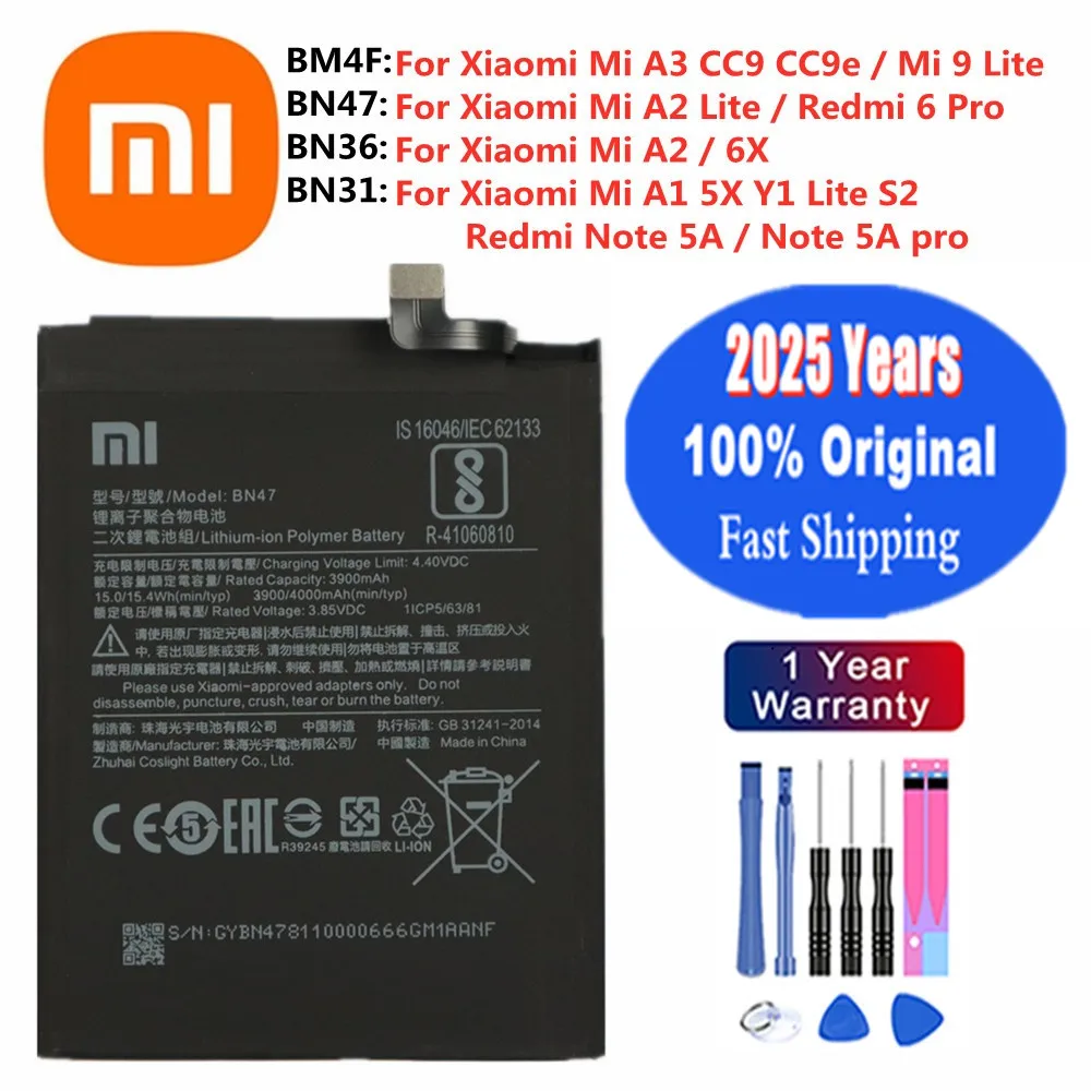 2025 Years BM4F BN31 BN36 BN47 Original Battery For Xiaomi Mi A3 A1 A2 Y1 9 Lite 5X 6X S2 CC9 CC9e Redmi Note 5A Pro Redmi 6 Pro