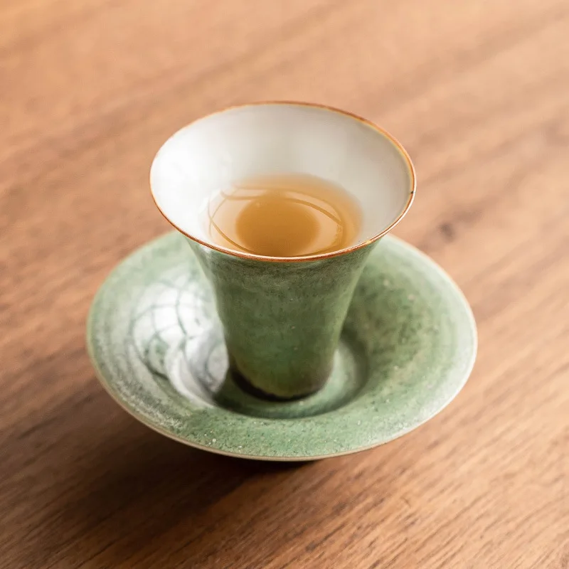 Kiln-Changed Ceramic Tea Cup Set - Emerald Starry Sky Premium Master Cups with Anti-Scald Saucers