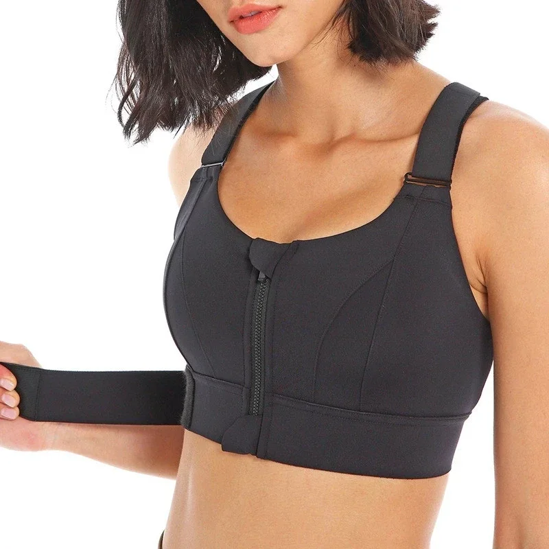 Plus Size Women Front Zipper Sports Bra Crop Top, Adjustable Strap Shockproof Yoga Gym Fitness Athletic Vest, Breathable Workou