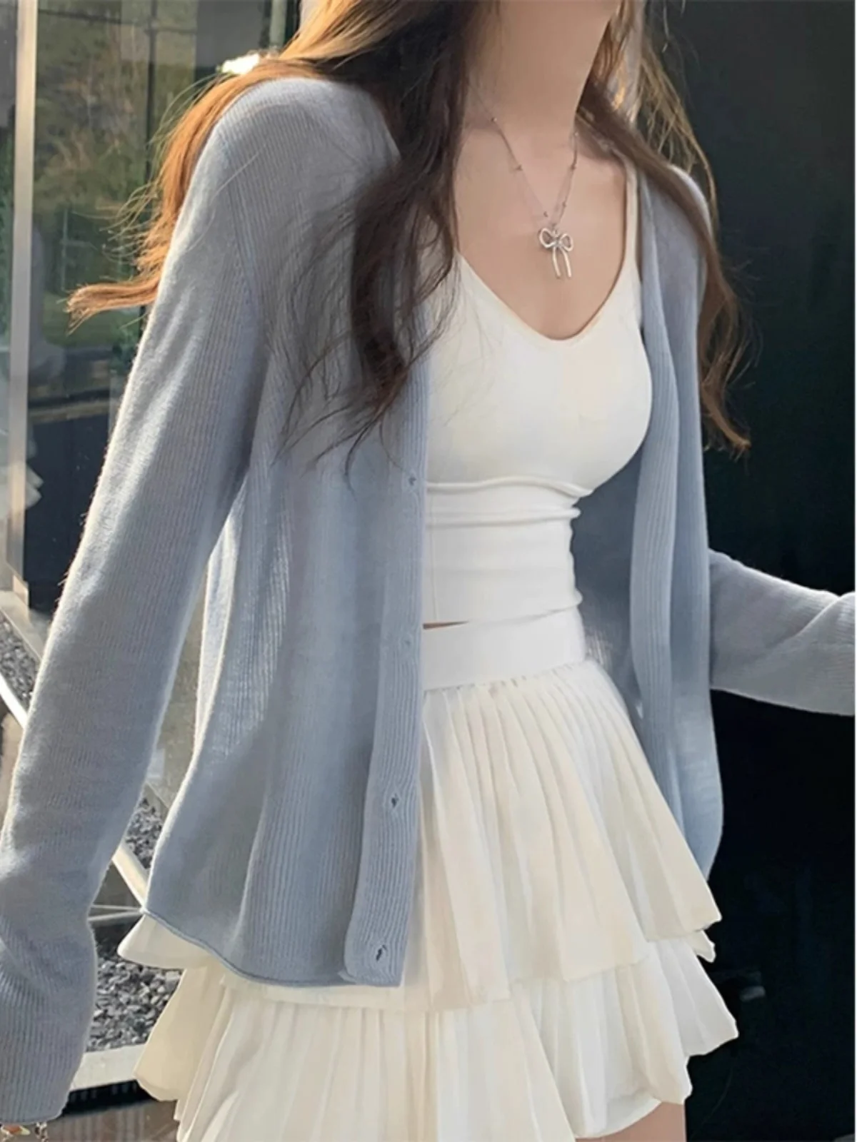 

Ice Silk Knitted Summer Lightweight Sun Protection Cardigan Women's Sleeveless V-Neck Long Sleeve Coat with Strap Dresses