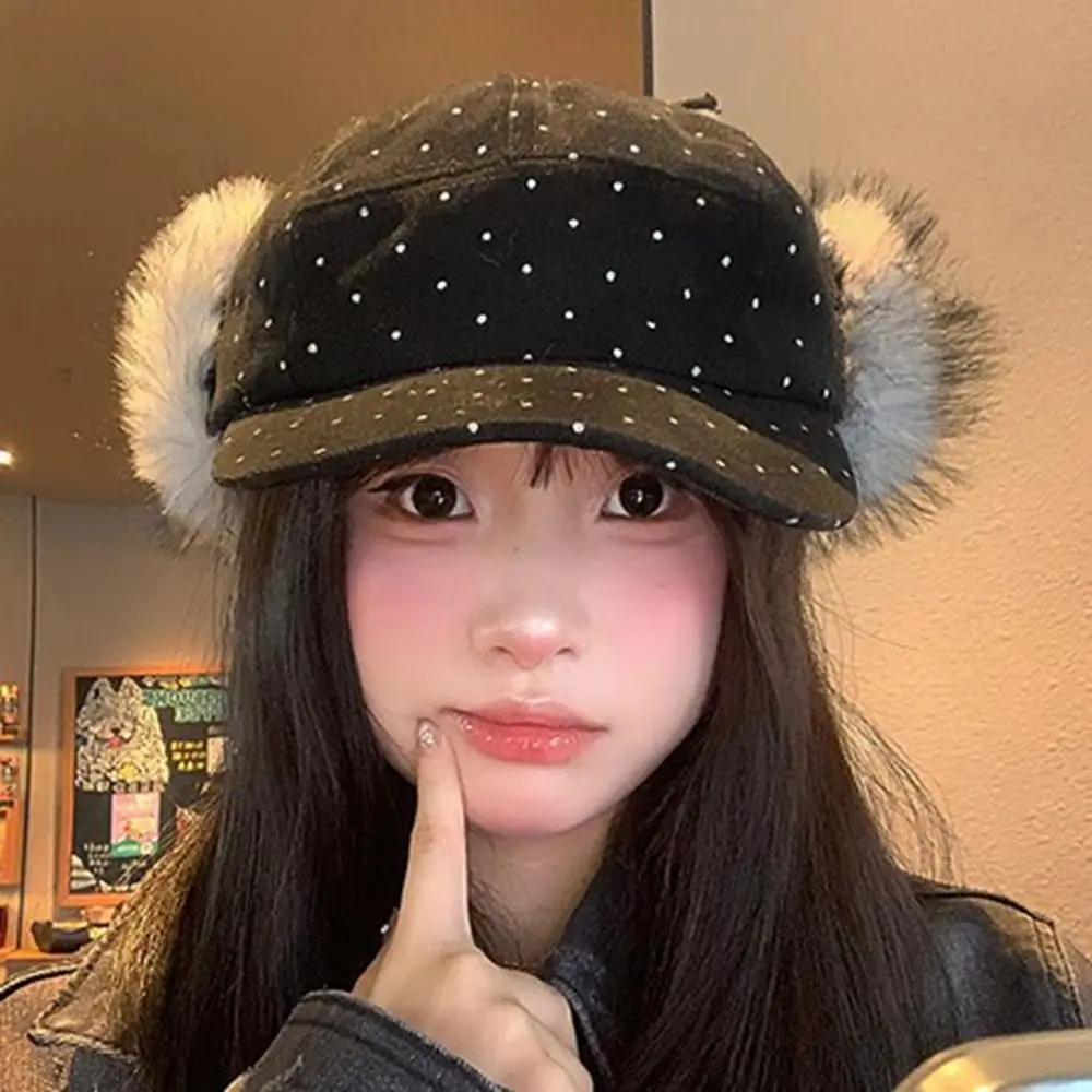 

Casual Warm Plush Baseball Cap Wool Bear Ear Protection Hat Korean Retro Peaked Cap Girls