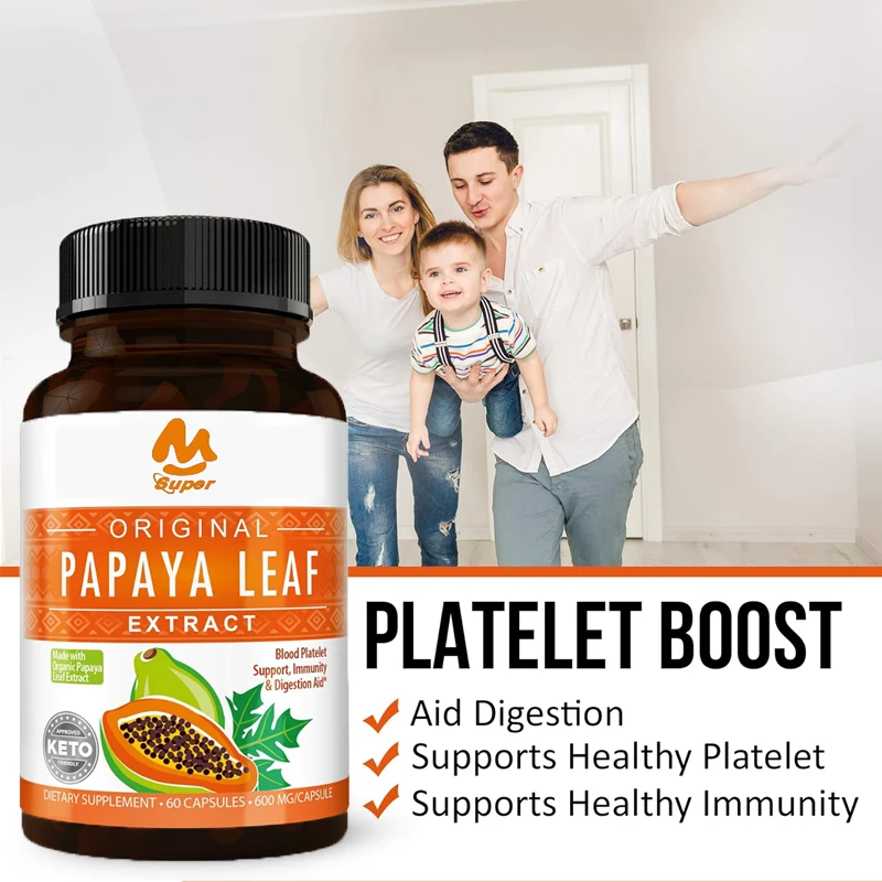 Papaya Leaf Extract Digestive Enzyme -60 Vegetarian Capsules - Blood Plate, Bone Marrow, and Health Support Digestive Health