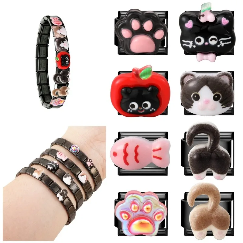 2026 Cute Pink Fish Aurora Powder Cat Claw Smile Cat Head Italian Charm Links Fit 9mm Stainless Steel Bracelet DIY Making Gift