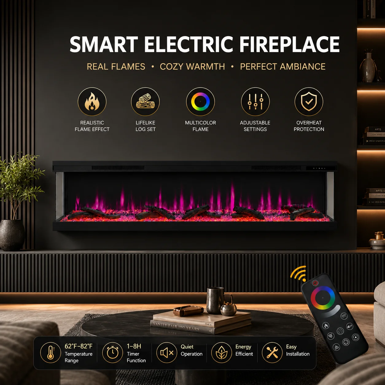 Custom 100 Inch Smart Electric Fireplace With WiFi APP Control, 13 Flame Colors, Triple Lighting System, Top Heating And Timer
