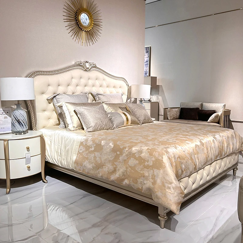 

French Luxury Modern Bedroom Furniture Set High Quality Solid Wood Timber Bed Frame Hand Carved Royal Design-King Queen Size