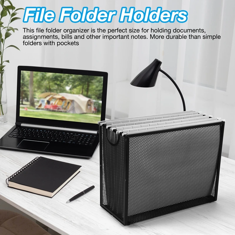Hanging File Organizer Filing Box,Metal Mesh File Crate Desk Organizer Magazine Holder With 5 Hanging Folders Included