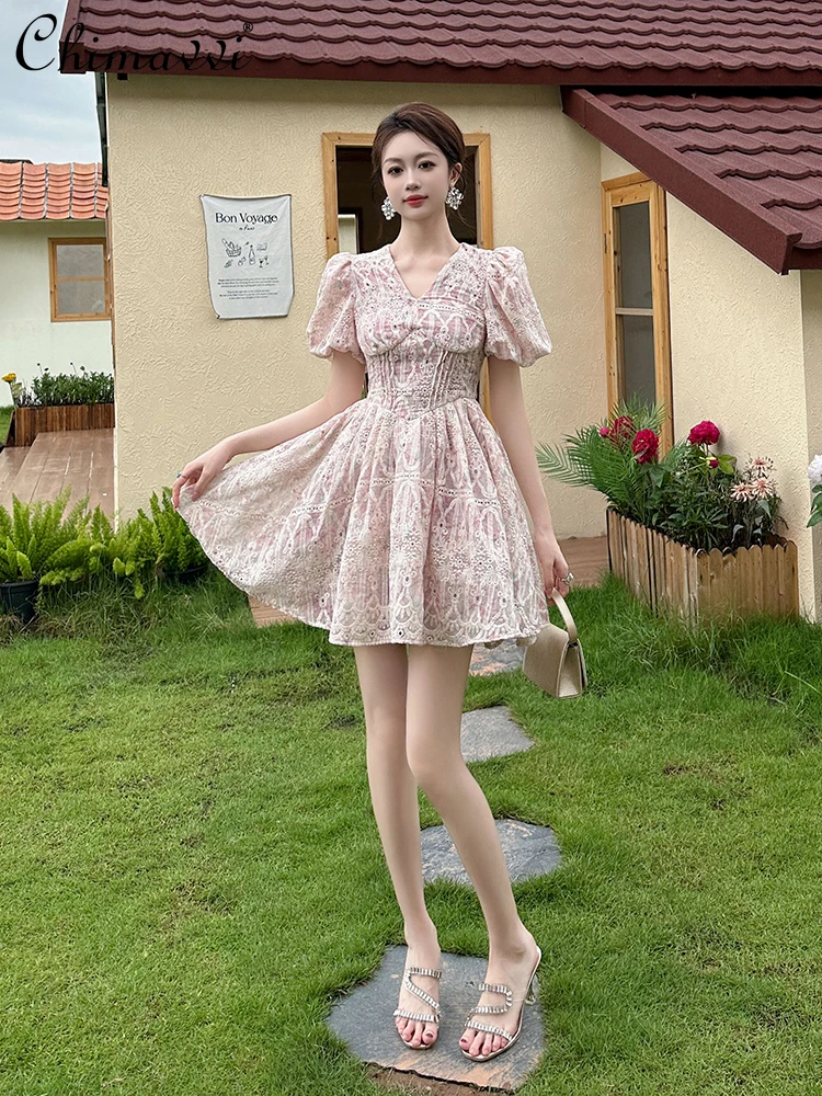 

French Elegant Socialite Hollow out Crochet Embroidery V-neck Puff Sleeve High Waist A-line Sweet Short Birthday Dress Women