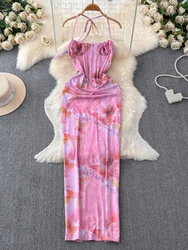 Foamlina Sexy Floral Print Halter Maxi Dress Women Elegant Sleeveless Fishbone Skinny Fit Bodycon Back Split Evening Party Dress