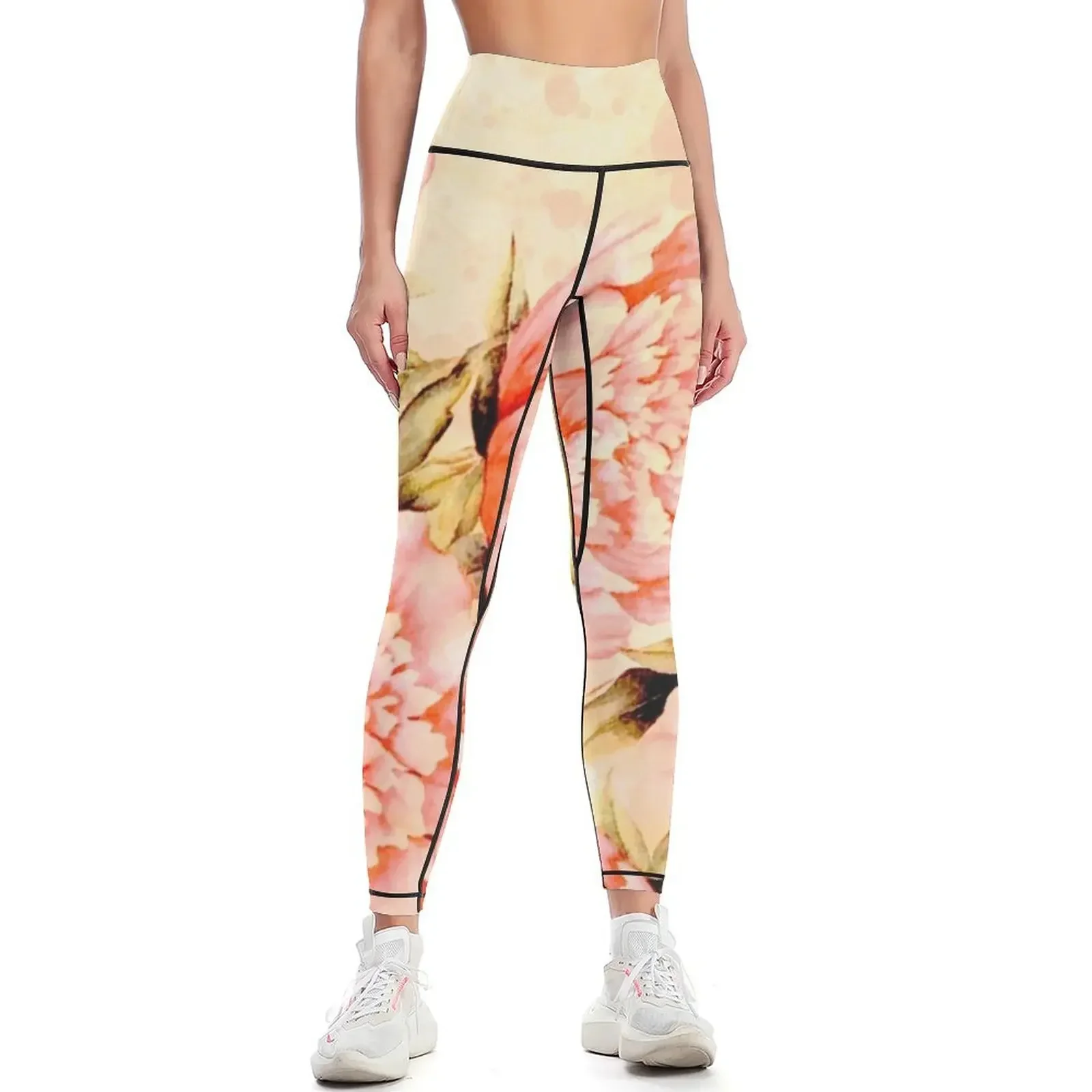

peonies on cream background Leggings gym's clothing Women's gym sports shirts gym Clothing fitness Womens Leggings