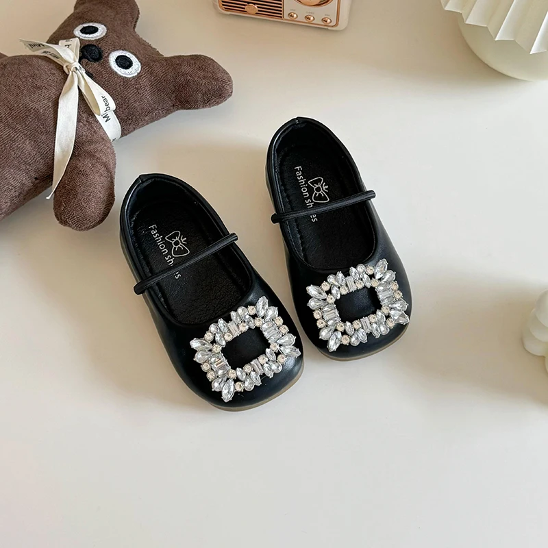 Girls Leather Shoes Rhinestone Anti Slip Elastic Band Spring Autumn Outdoor PU Girls Casual Leather Shoes Sandalias De Mujer