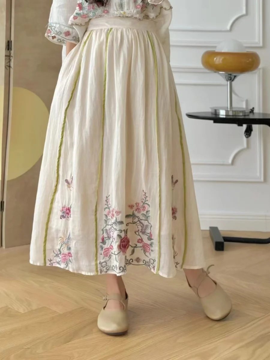 

Двухслойная юбка из конопли с тяжелой вышивкой, женская, с полугибкой талией, А-силуэт, в стиле фэйри, китайская, миди-юбка