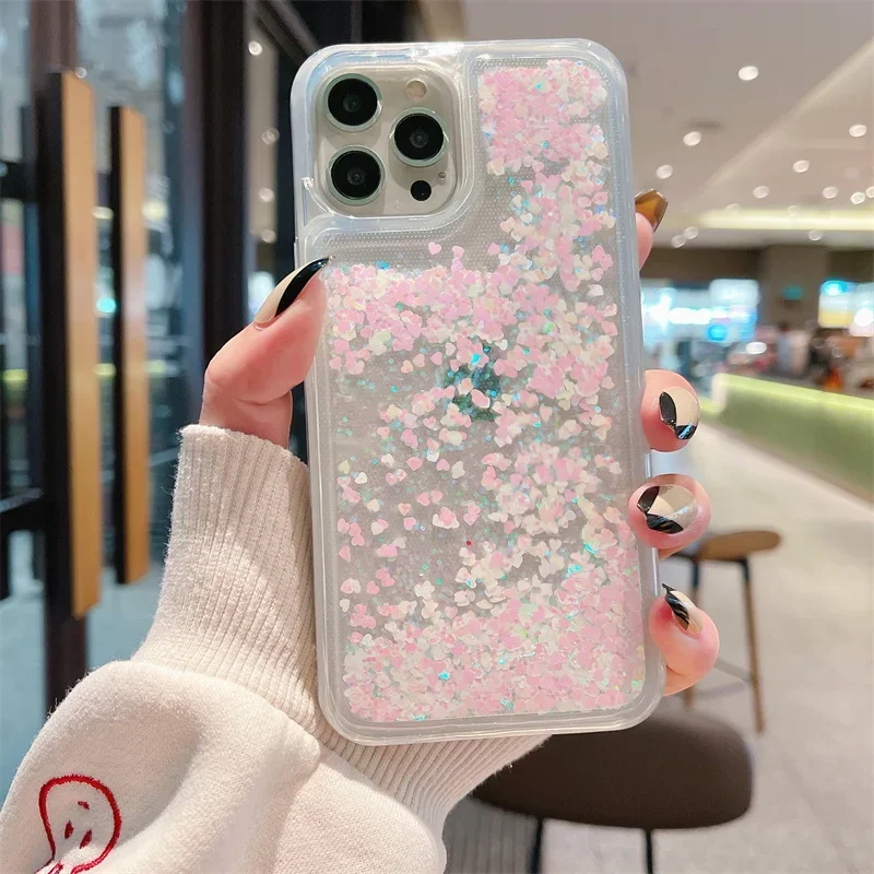 Shiny Sparkles Quicksand Soft Case for iPhone 14 16 15 Pro Max Plus Fashion Heart Sequins Phone Cover Shell Women Fundas Housing