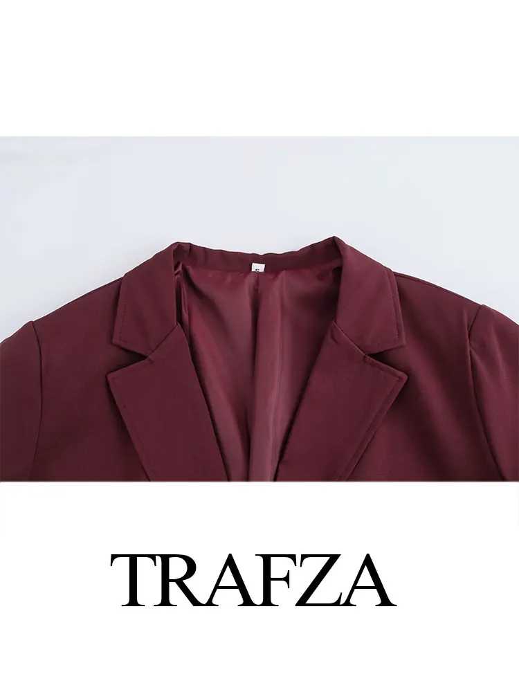 Trafza feminino retro moda com decote em v único breasted borgonha solto casaco elegante feminino meados de comprimento bolso casaco casual