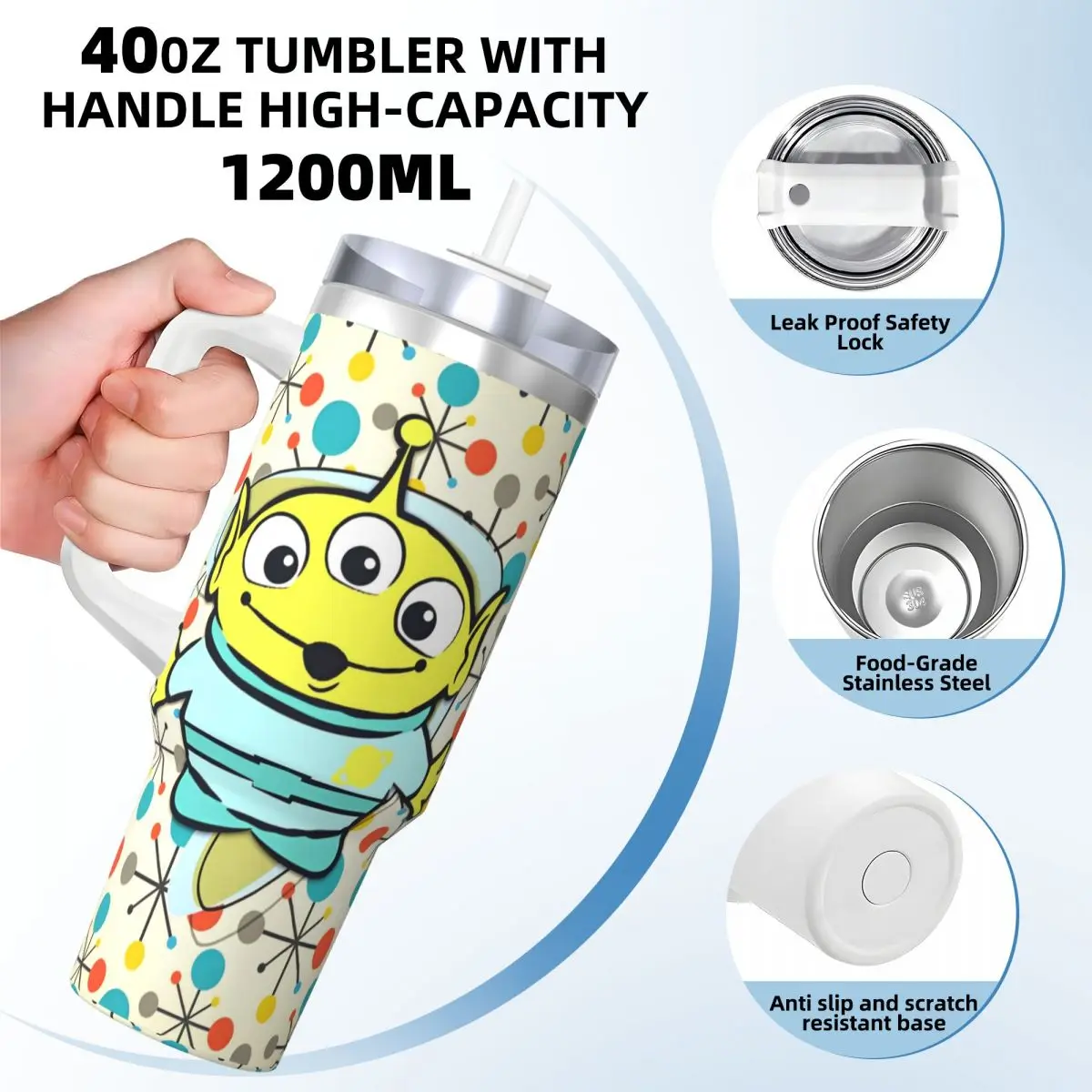 Toy Story Alien Stainless Steel Tumbler Camping Thermal Mug With Straws and Lid 40oz Mugs Cup Cold Drink Water Bottle