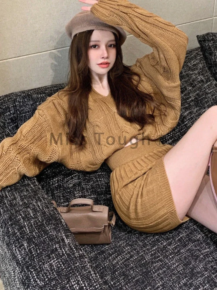 Beige Sweater Two Piece Set Women Korean Elegant Party Mini Skirt Set Female Casual Designer Knitted Skirt Suit 2023 Autumn New