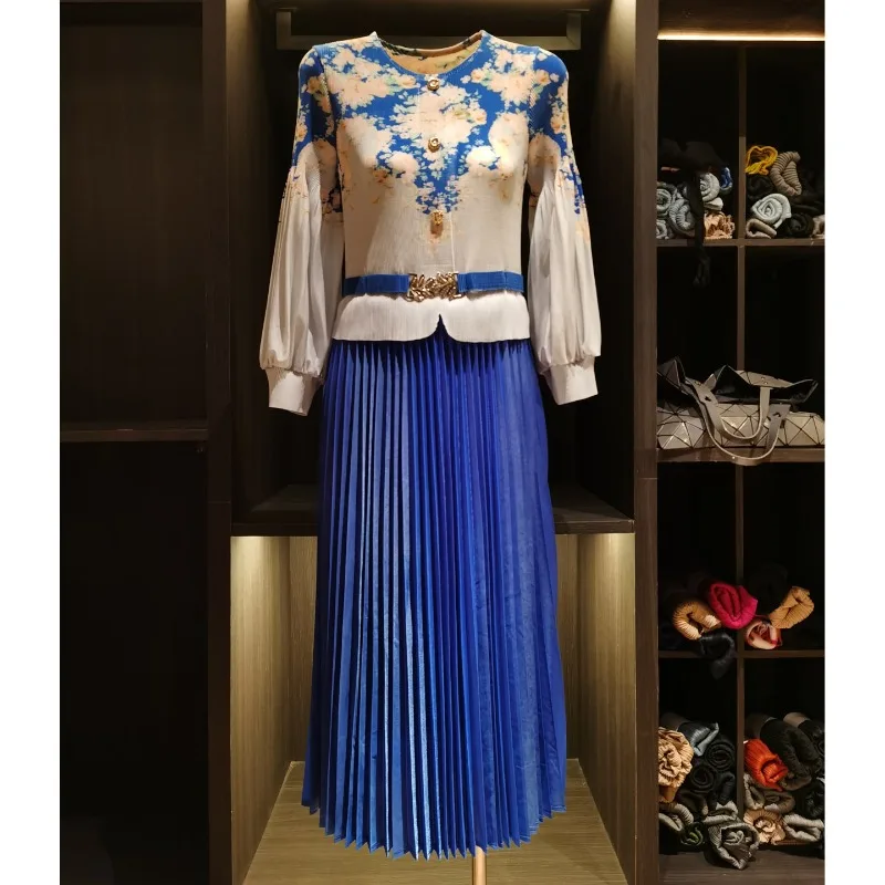 فساتين مياكي ذات ثنيات لخريف 2025 فستان عتيق مطبوع بطيات فستان جديد بأكمام واسعة وخصر نحيف ورقبة مستديرة تنورة طويلة #2