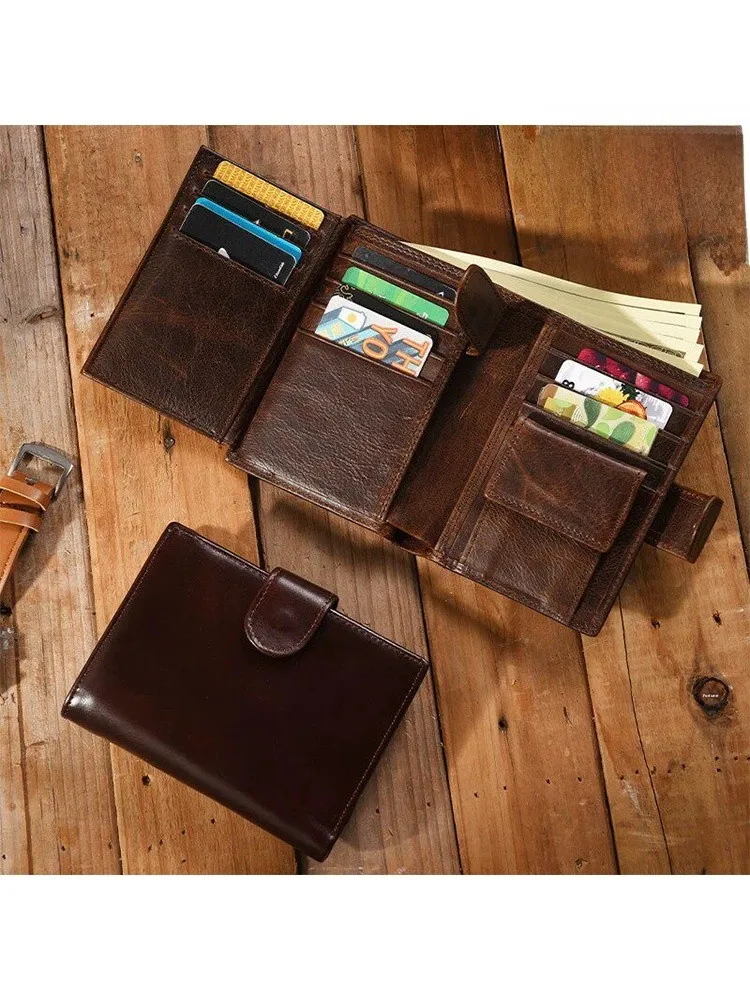 retro-tri-fold-genuine-leather-id-holder-short-size-multi-card-slot-large-capacity-passport-clip-multi-functional-bag-unisex