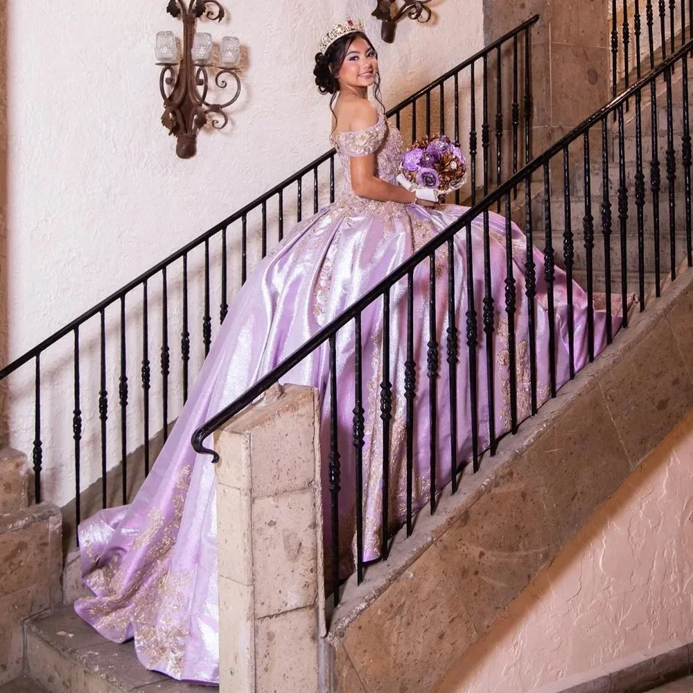 ANGELSBRIDEP Glitter Stain Purple Ball Gowns Quinceanera Dresses Luxury Off Shoulder Girls Birthday Party Vestidos De Xv AƱos