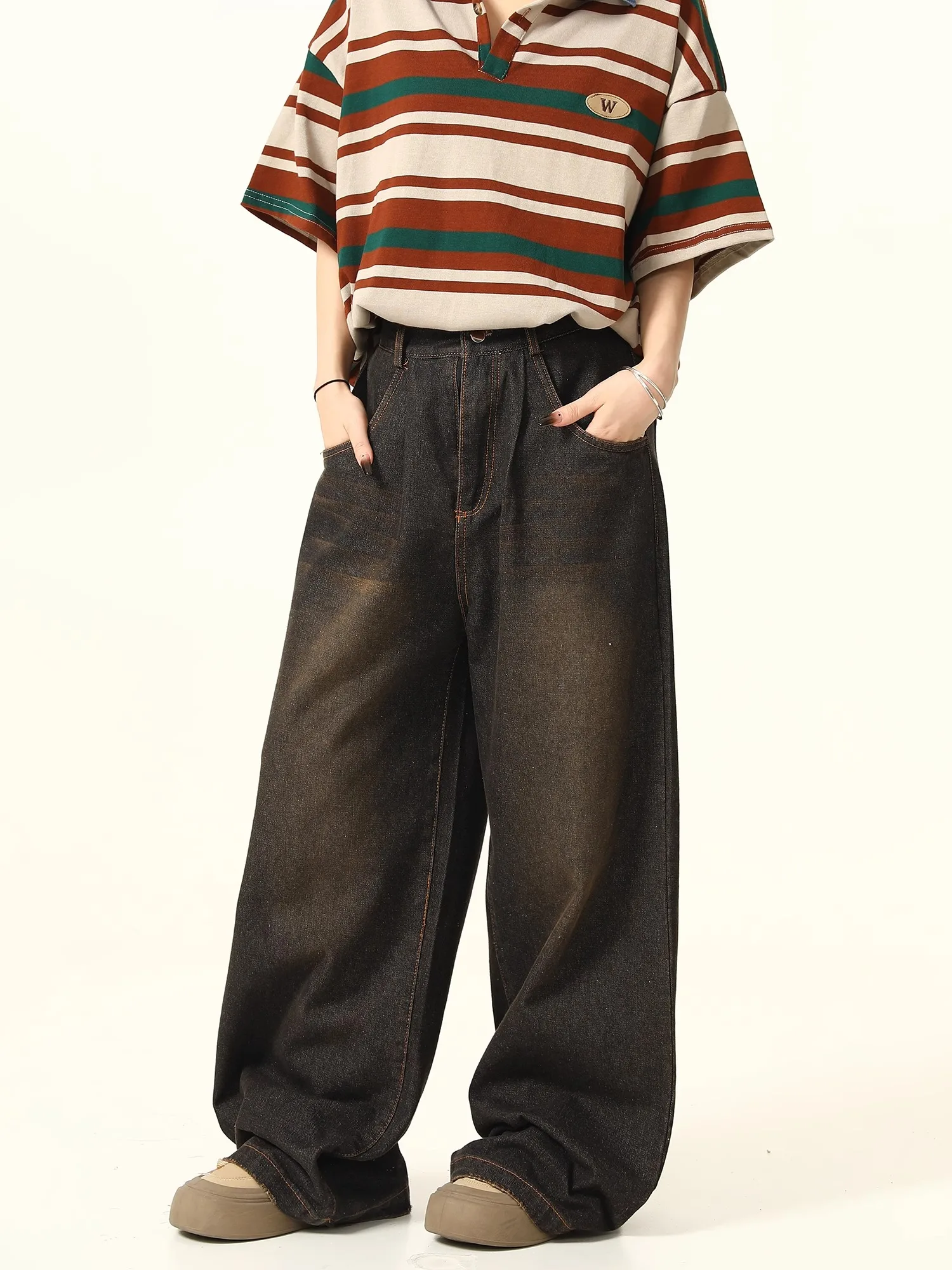 

Винтажные американские свободные широкие джинсы для мужчин и женщин, уличные ленивые прямые брюки длиной до пола, молодежные повседневные джинсы свободного покроя