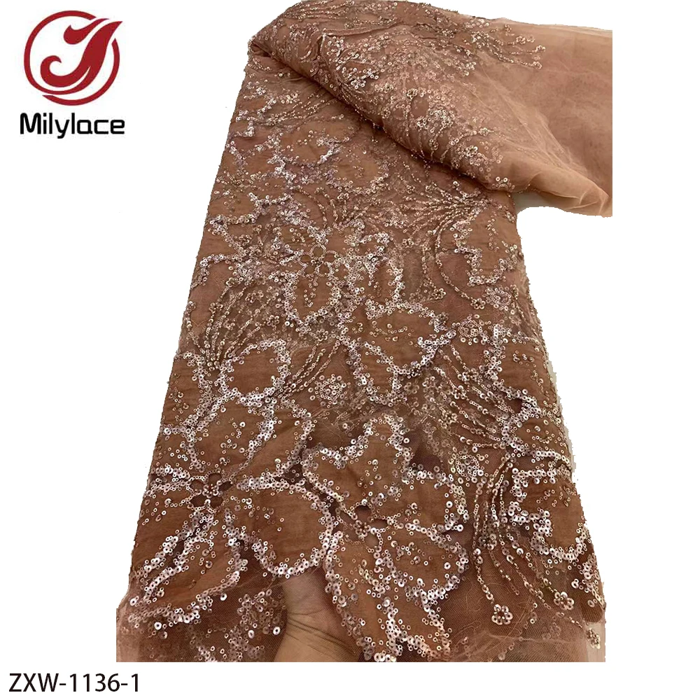 

Fashion French Beads Embroidery Sequin Lace Fabric African Nigerian Lace Fabric for Wedding Dress ZXW-1136