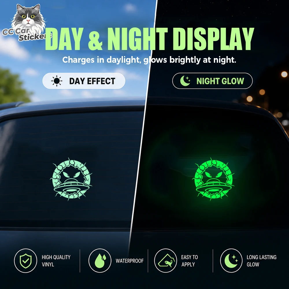 Alien UFO Cracked Wall Glow in the Dark Car Sticker Luminous Vinyl Decal Waterproof Rear Window Sci-Fi Auto Decor Trim Accessory