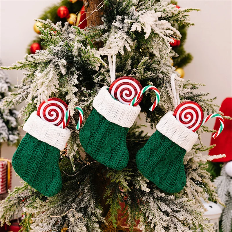 3/5Pcs Mini Christmas Socks New Knitting Christmas Tree Pendant Decoration Xmas Gift Bag Christmas Knife Fork Cutlery Holder Bag