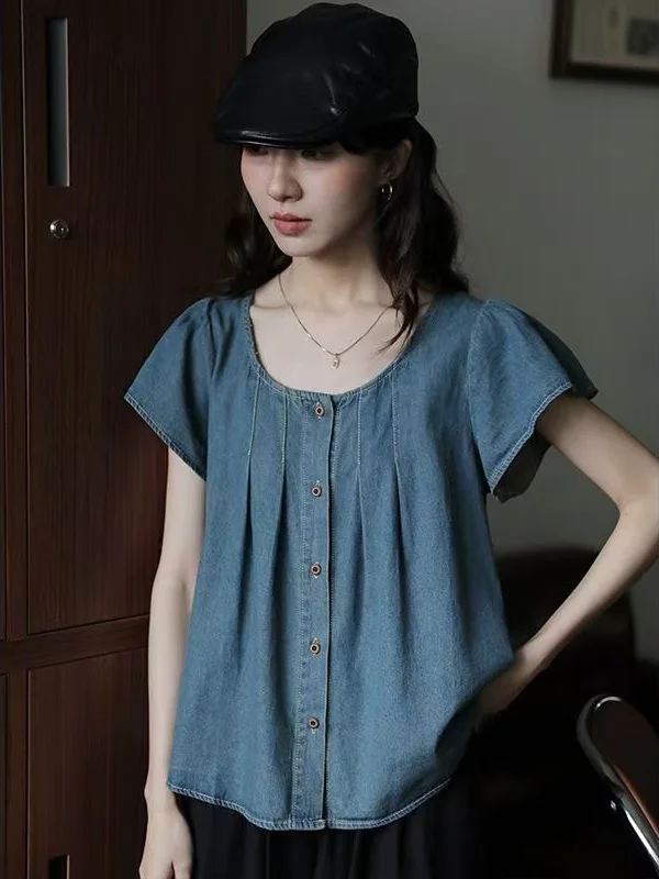 Authentic Summer New Style Loose Women's Denim Shirt Flying Sleeve Design Top Polyester Fiber Short Sleeve T-shirt