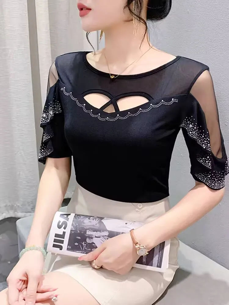 

Double Layer Mesh High Street Hollow Out Diamond Set Art T-shirt Spring Summer Woman Butterfly Sleeve Short Sleeve O-neck Sheer