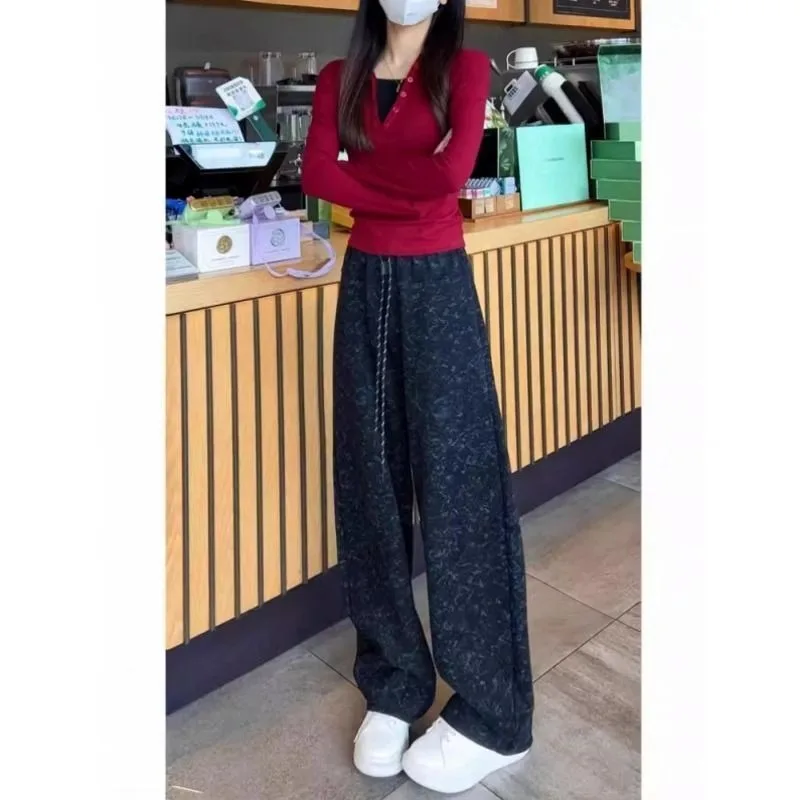 Pantalon de survêtement chaud et décontracté pour femme, en forme de poire, teint par nouage, polaire, grande taille, amincissant, jambes larges, coupe incurvée, automne hiver