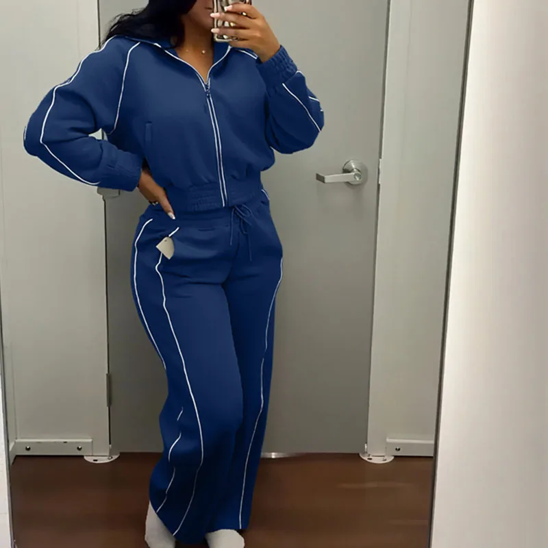 Striped Casual Fall Clothes for Woman Sets 2 Pieces Outfits Sporty Fitness Long Sleeve Zipper Jacket and Sweatpants Track Suit
