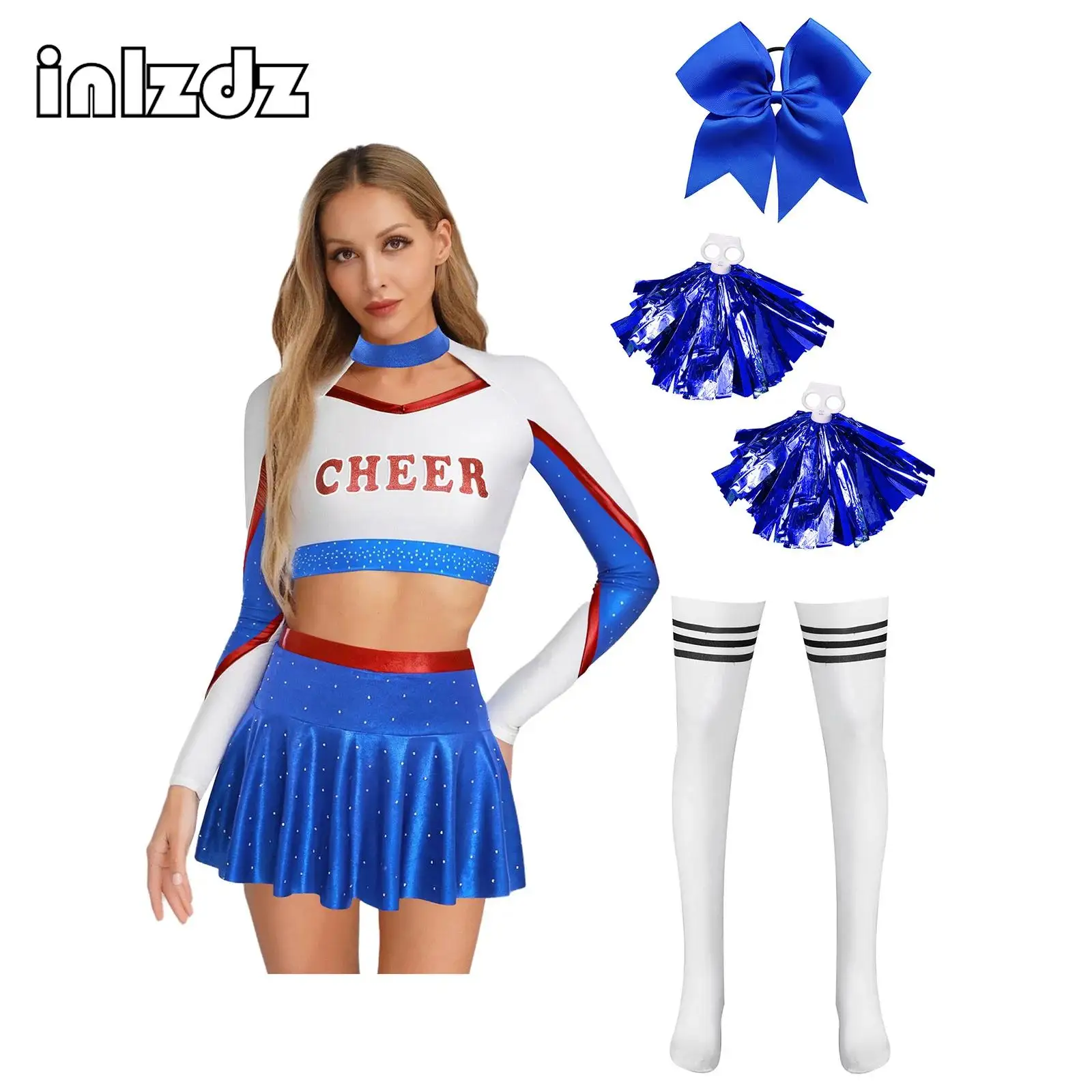 

Womens Cheerleading Outfit Crop Top with Miniskirt and Bowknot Hairband Flower Balls Stockings Contrast Color Shiny Dance Suit