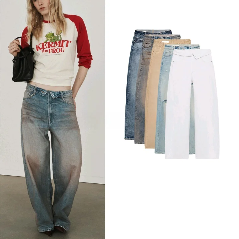 

Spring New Women's Jeans Metal Button Zipper mid Waist Casual Cuffed Denim Pants Standard Fit Light Stretch Polyester Fiber