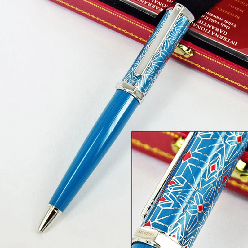 

Lanlan Luxury Red Rhombus Net Pattern Ballpoint Pen Dumont de CT Heptagon Blue / Green Barrel Silver Trim With Serial Number