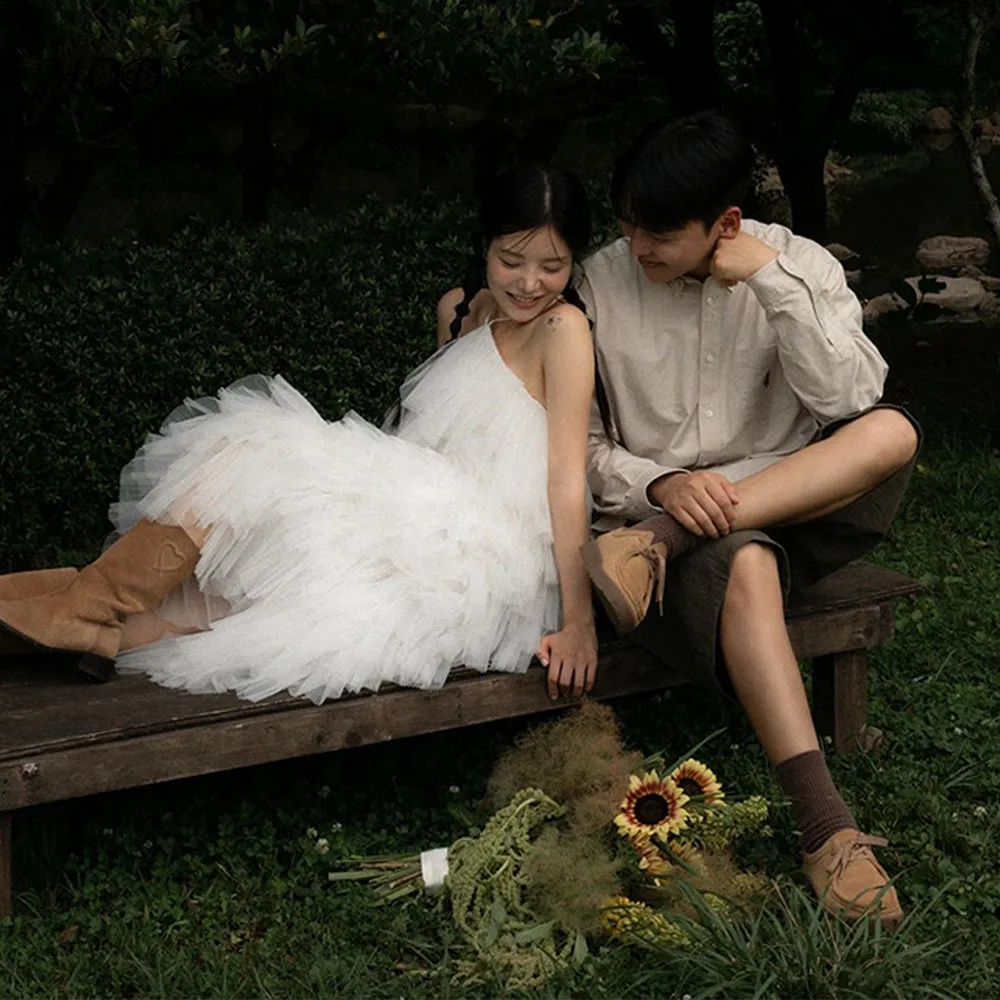 

MODX Charming White Tulle Neck Korean Wedding Dress Sleeveless Customized Corset Rustic Wedding Outdoor Shooting Wedding Dresses