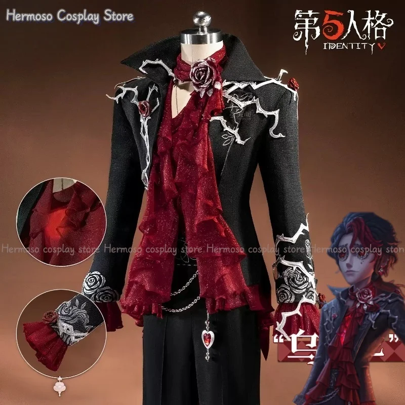 Costume de cosplay Identity V Composer Uaithne, manteau de tailleur de Frederick Kreiburg, écharpe rouge, boucles d'oreilles, accessoires, costume de fête d'Halloween.