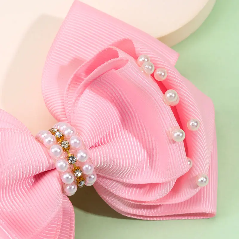 Sweet Pearl Hair Bow Clips Boutique Pink Rhinestone Bowknot Hairpins Girls Hair Styling Tools Headwear Kids Hair Accessories