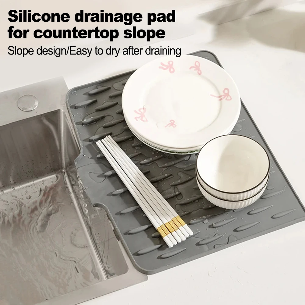 

Silicone Dish Drying Mat For Sink Cabinets Pans Utensils Tableware Kitchen Drain Pad With Tilted Water Diversion Non-slip Mats