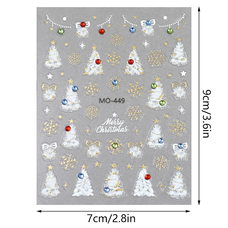 5D White Relief Glossy Gold Edge Christmas Tree Snowflake Crystal Ball Adhesive Nail Art Stickers Decals Manicure Xmas Charms