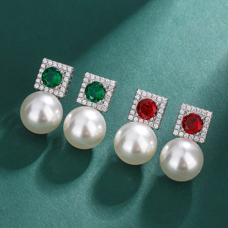 

Emerald Zircon Pearl Silver Needle Earrings Natural Freshwater Pearl Stud Earrings Pearl Studs 12mm